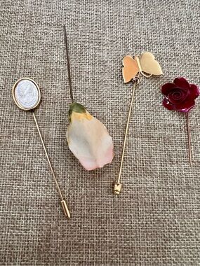 Gold Tone Floral and Stick Pins - Pink Rose and Gold Accents